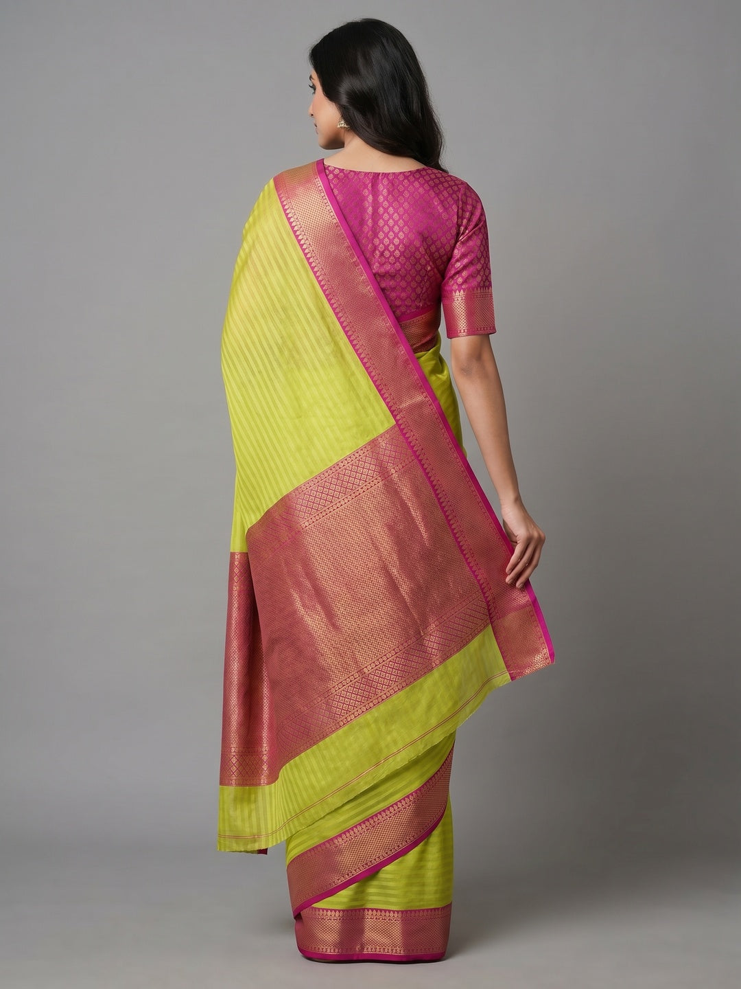 Lemon Green Woven Cotton Silk Saree - Image 3