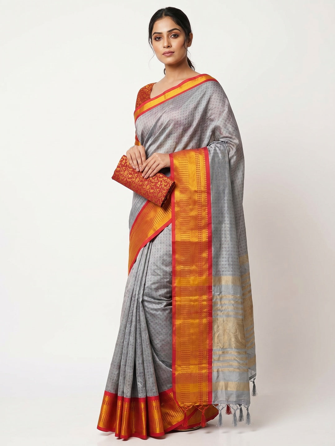 Grey Woven Cotton Silk Saree With Tassels - Image 1