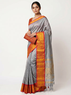 Grey Woven Cotton Silk Saree With Tassels - Image 1