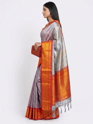Grey Woven Cotton Silk Saree With Tassels - Image 3