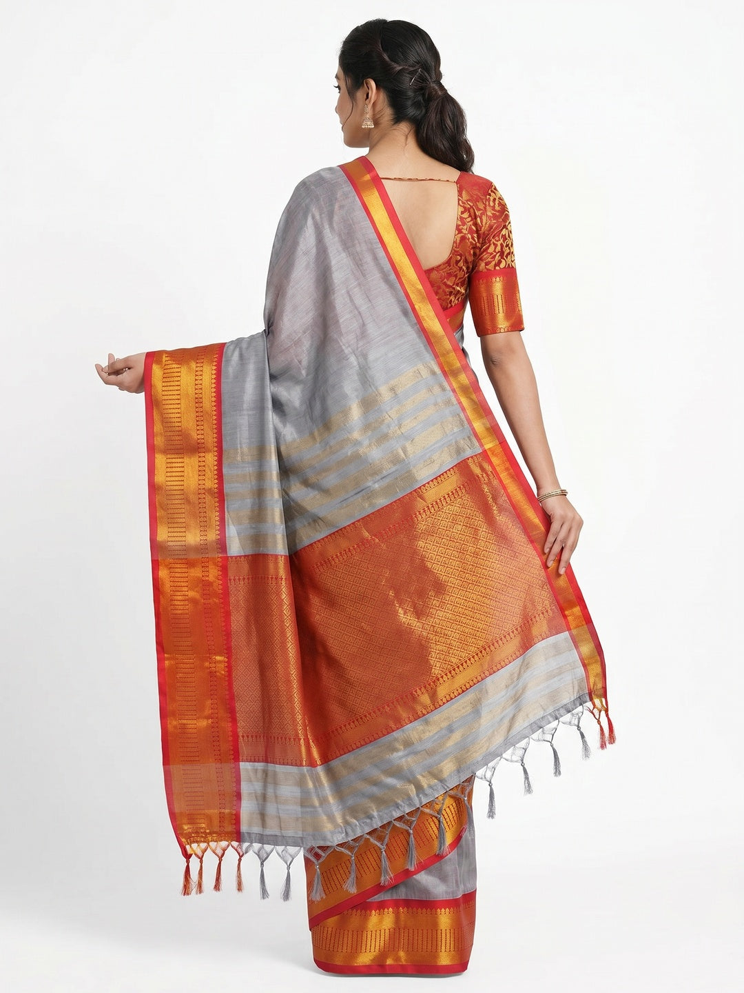 Grey Woven Cotton Silk Saree With Tassels - Image 4
