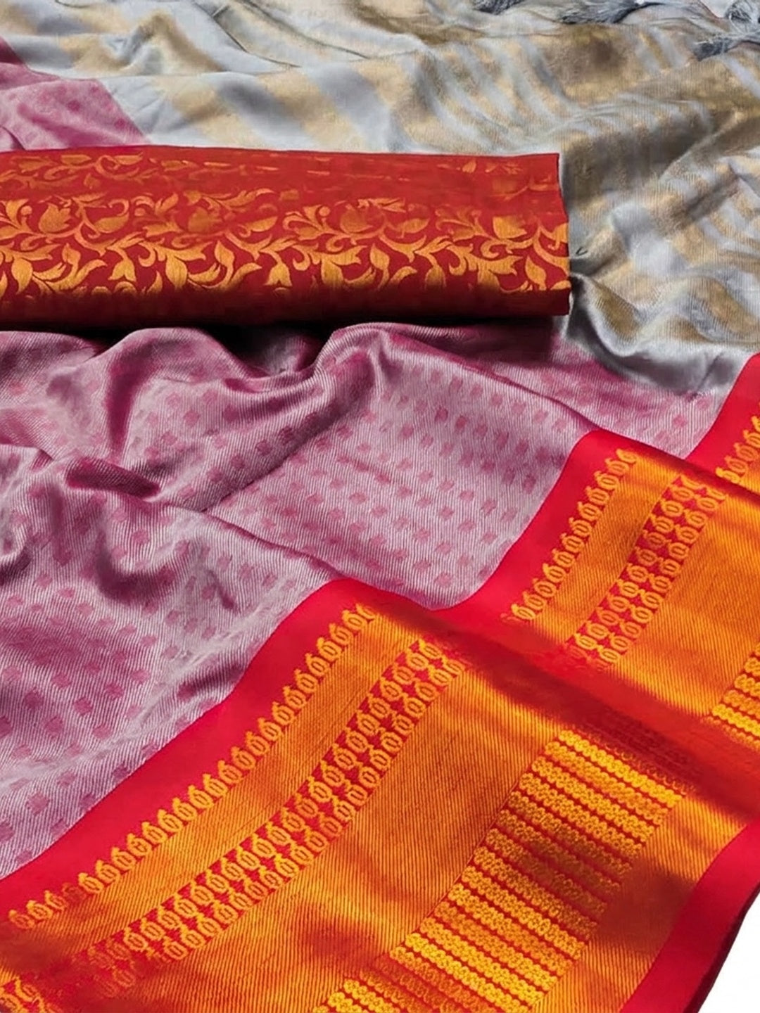 Grey Woven Cotton Silk Saree With Tassels - Image 2