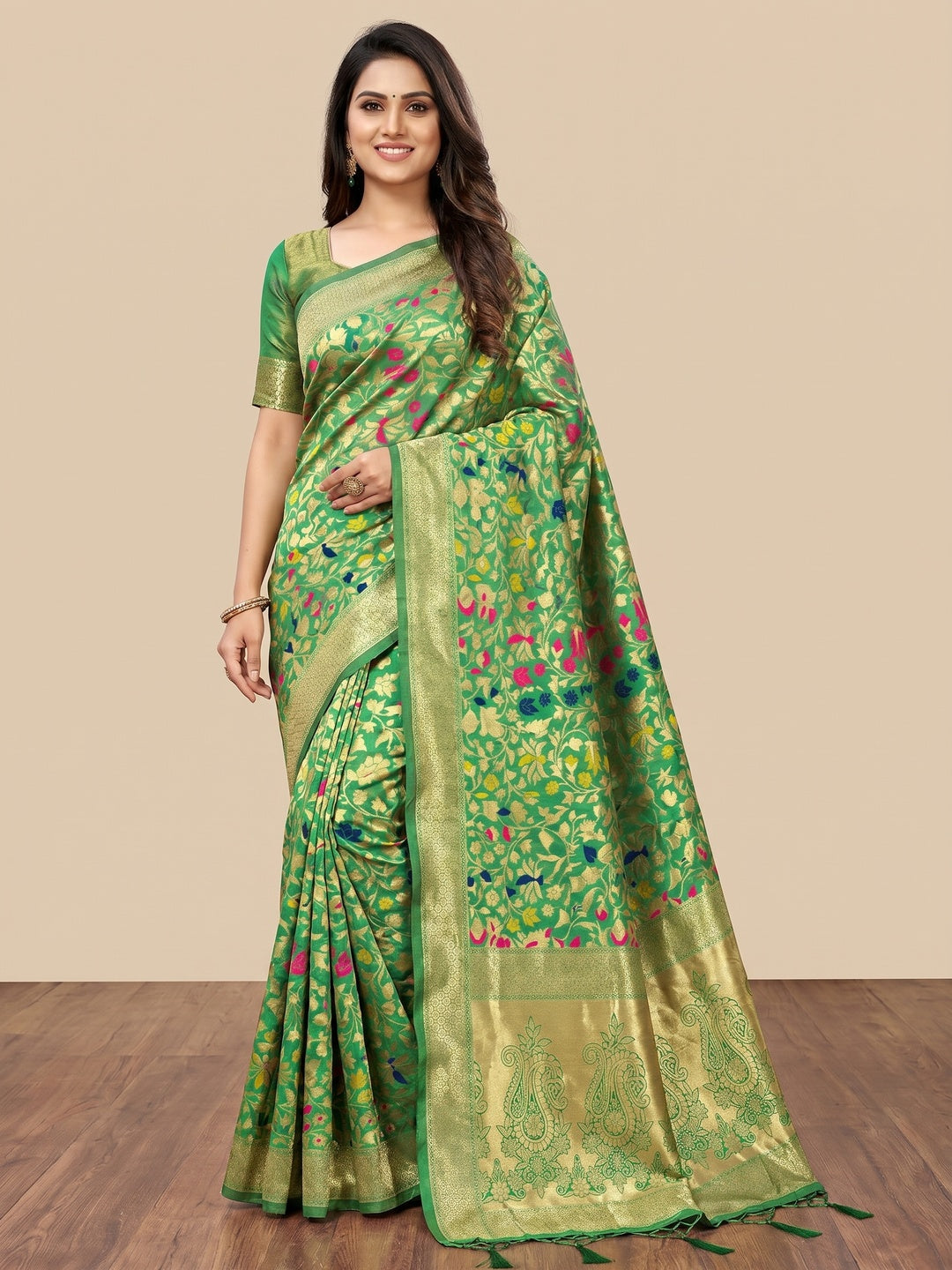 Green Floral Woven Art Silk Saree - Image 1