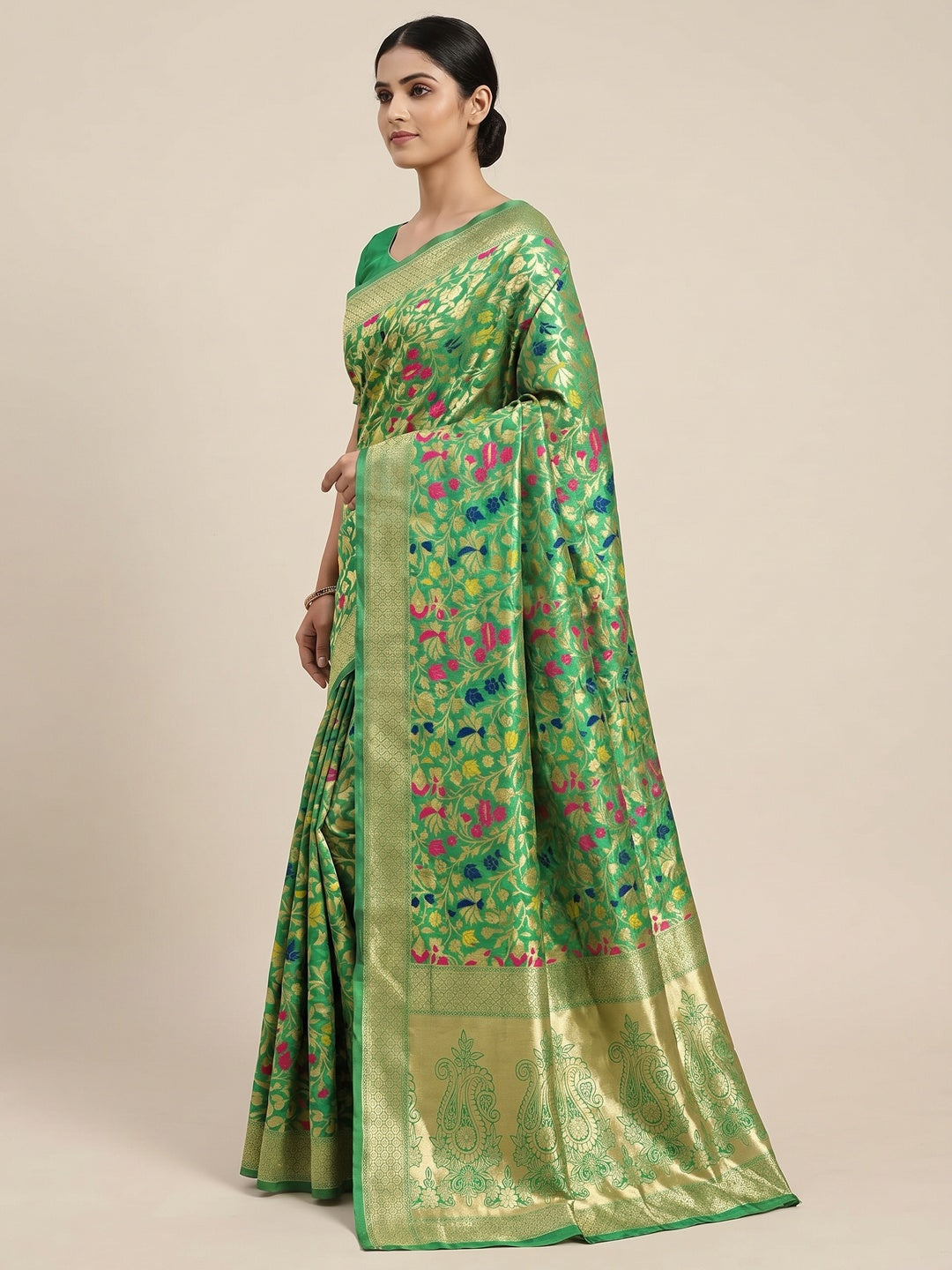 Green Floral Woven Art Silk Saree - Image 3