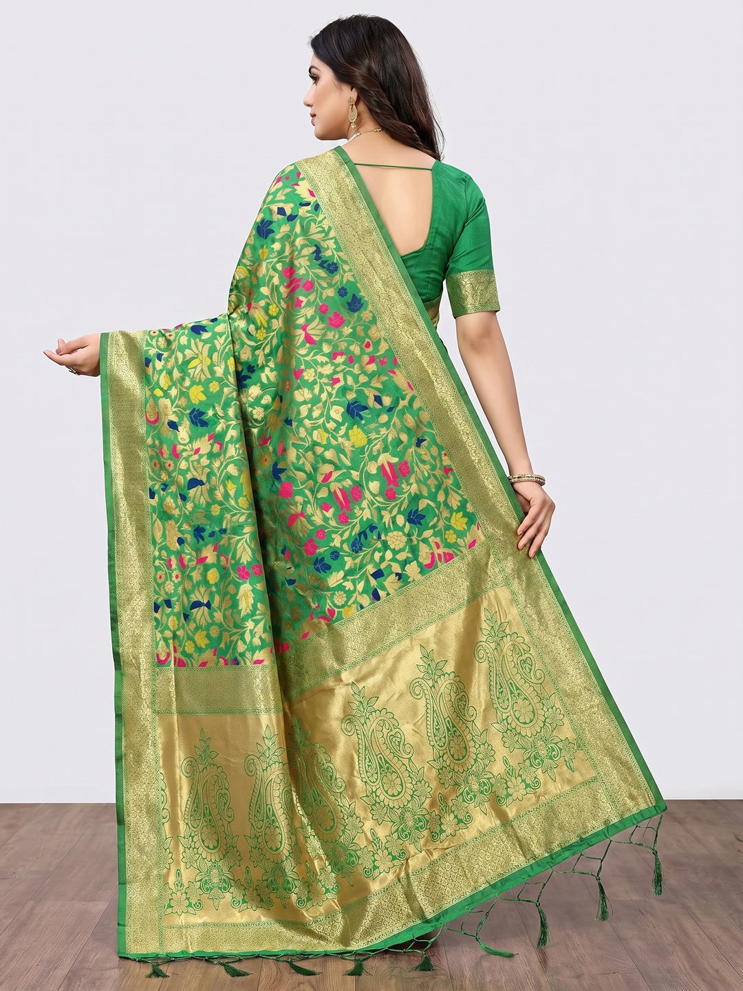 Green Floral Woven Art Silk Saree - Image 2