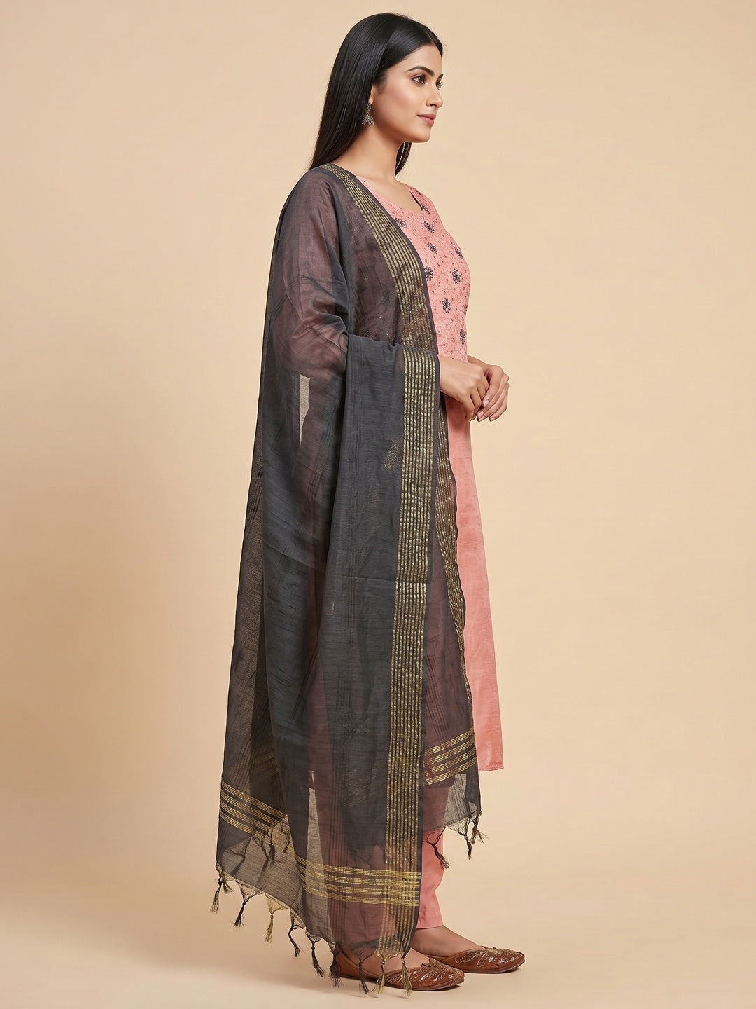 Peach Embroidered Raw Silk Dress Material - Image 2