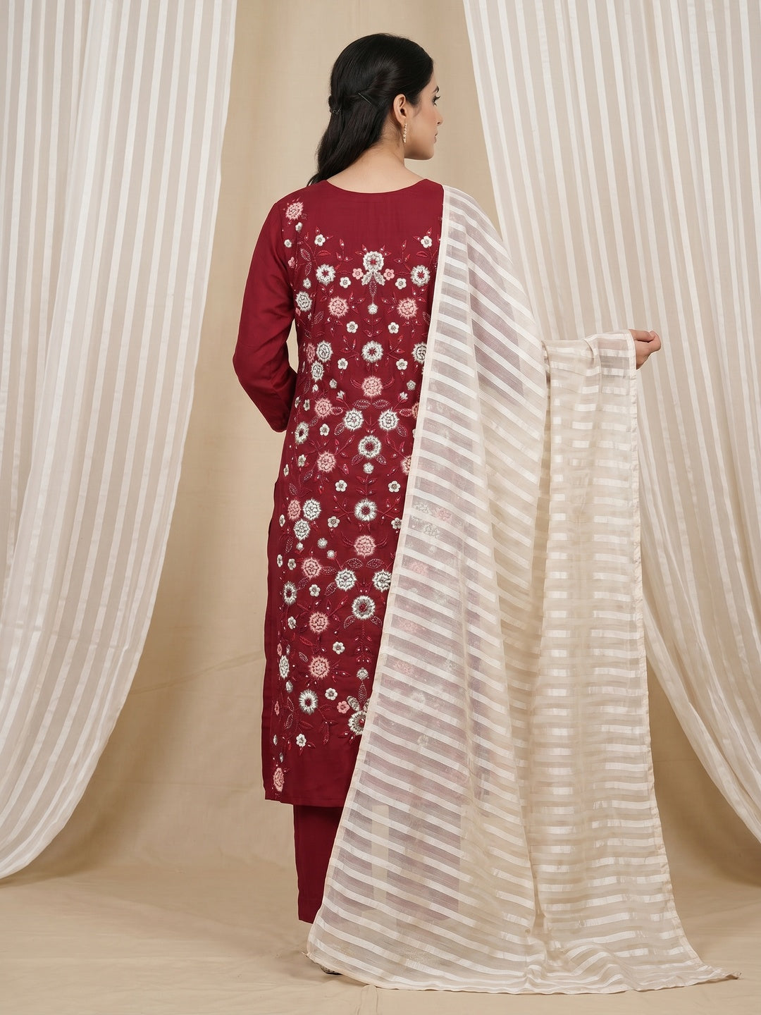 Maroon Floral Sequins Embroidered Cotton Blend Dress Material - Image 2