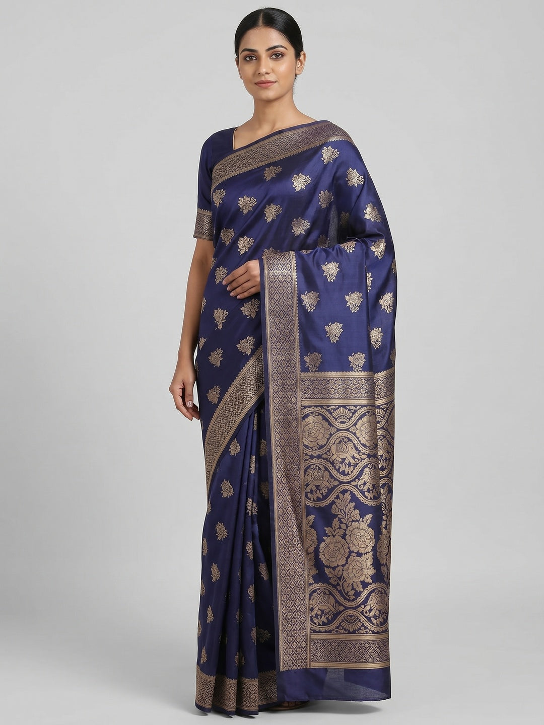 Navy Blue Woven Banarasi Silk Saree - Image 1