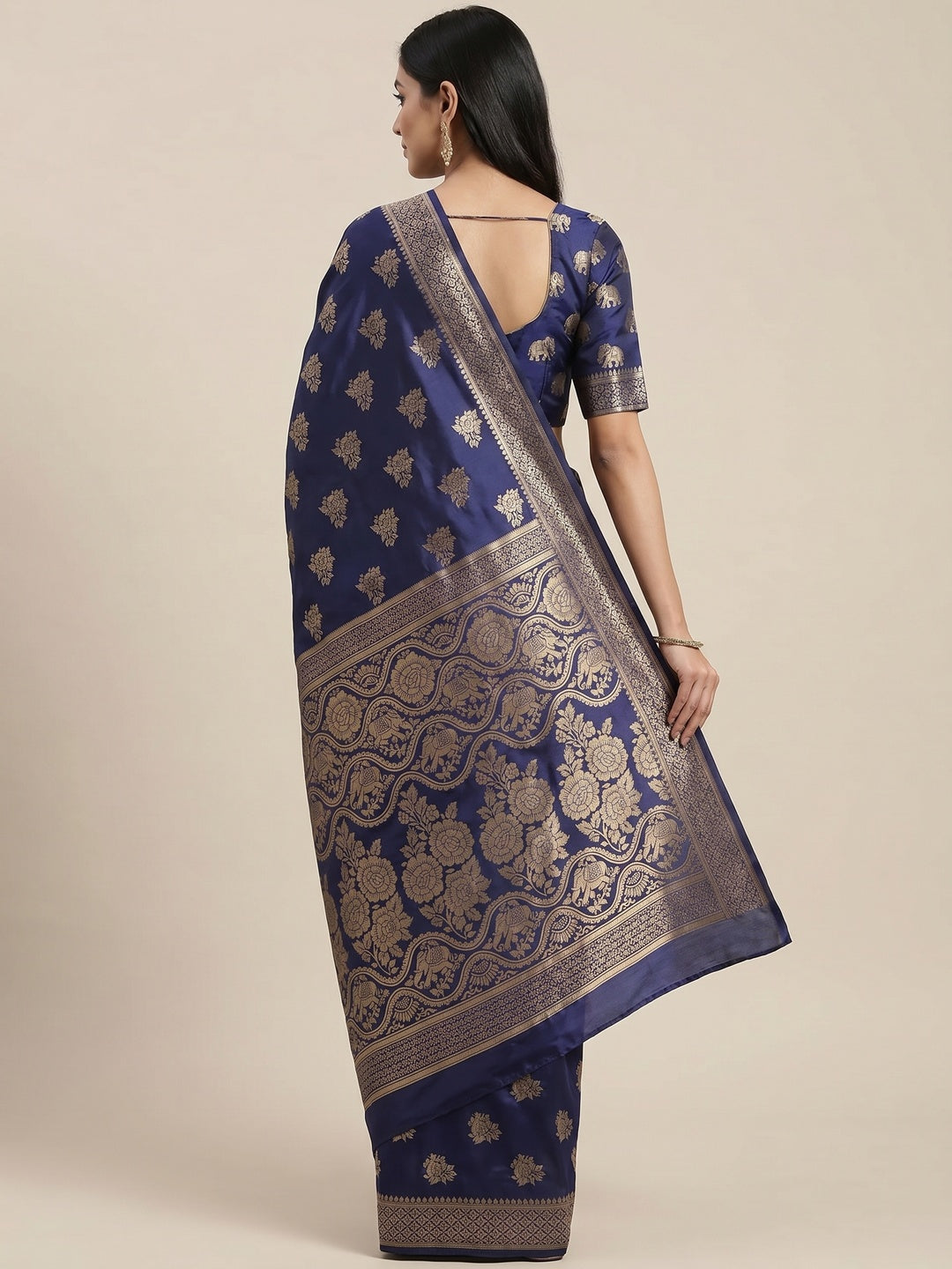 Navy Blue Woven Banarasi Silk Saree - Image 2