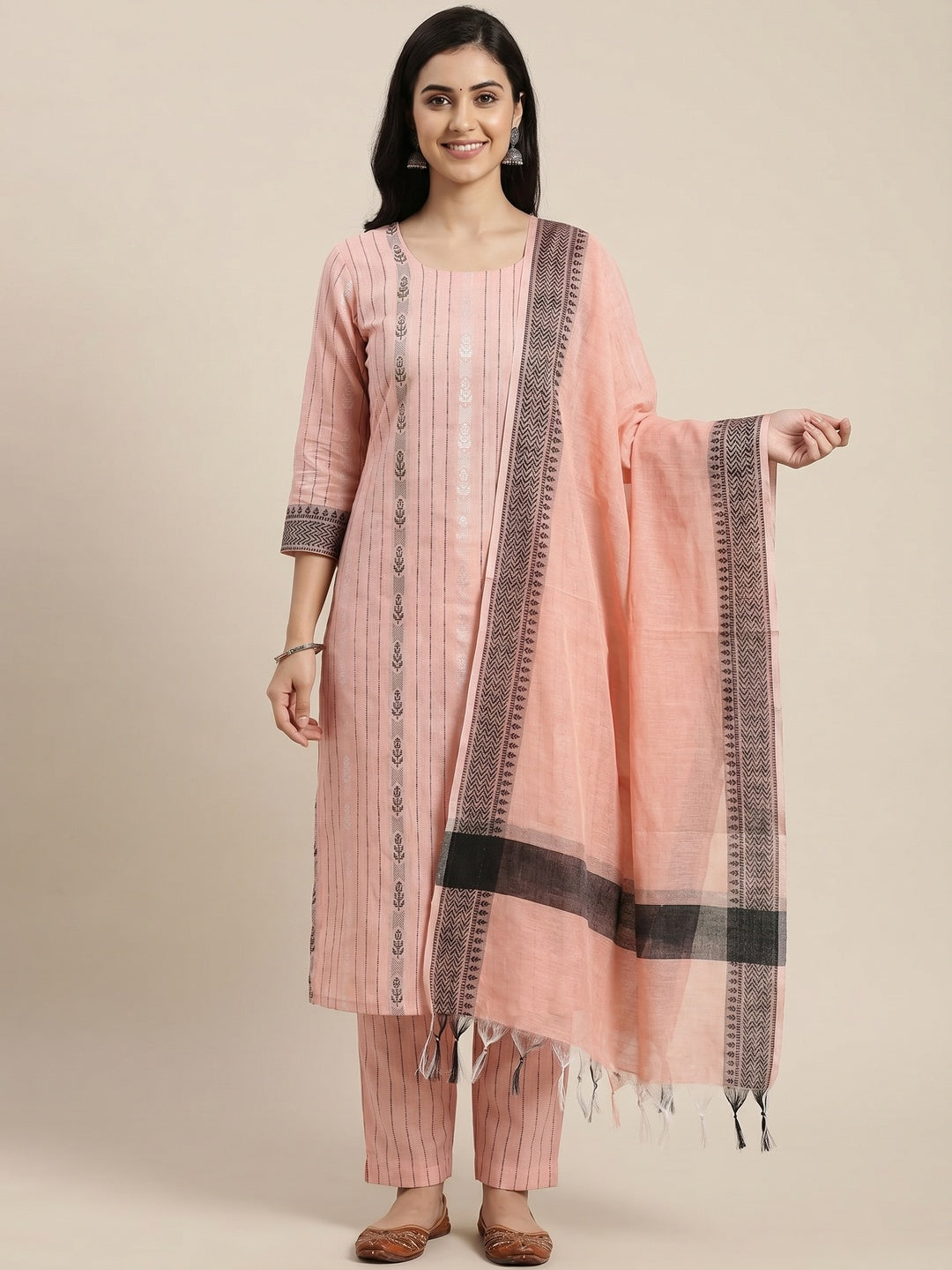 Peach Woven Cotton Blend Dress Material - Image 1