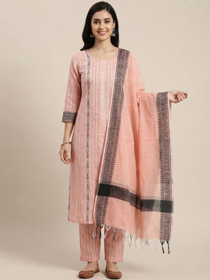 Peach Woven Cotton Blend Dress Material - Image 1