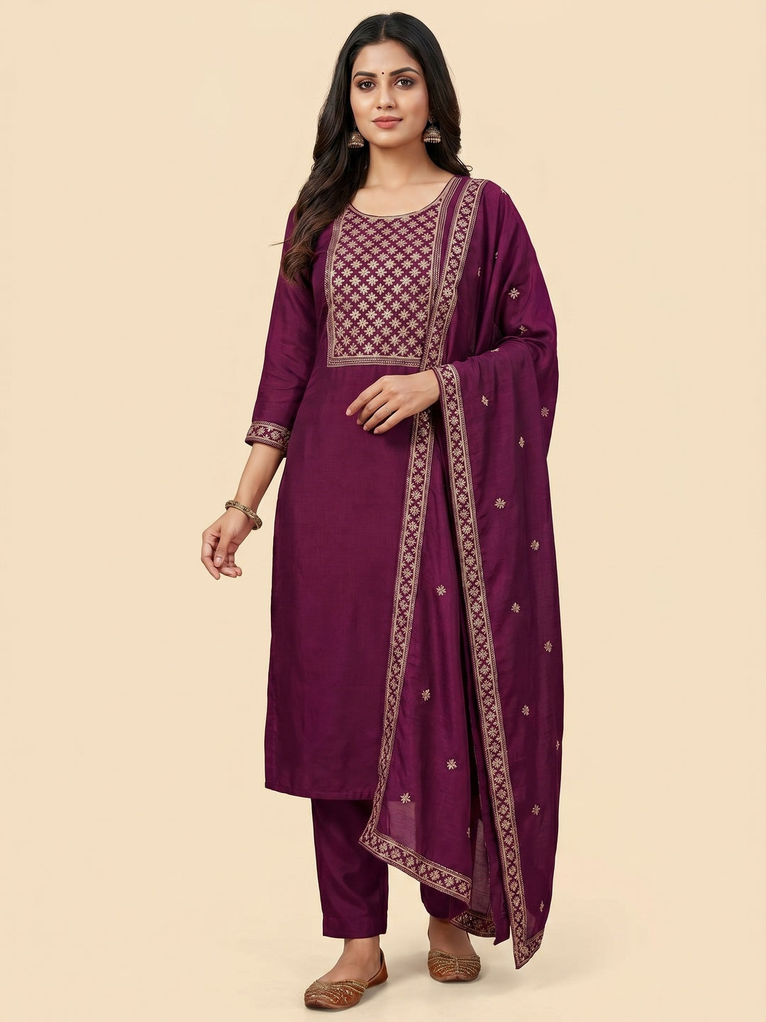 Wine Embroidered Modal Dress Material - Image 1
