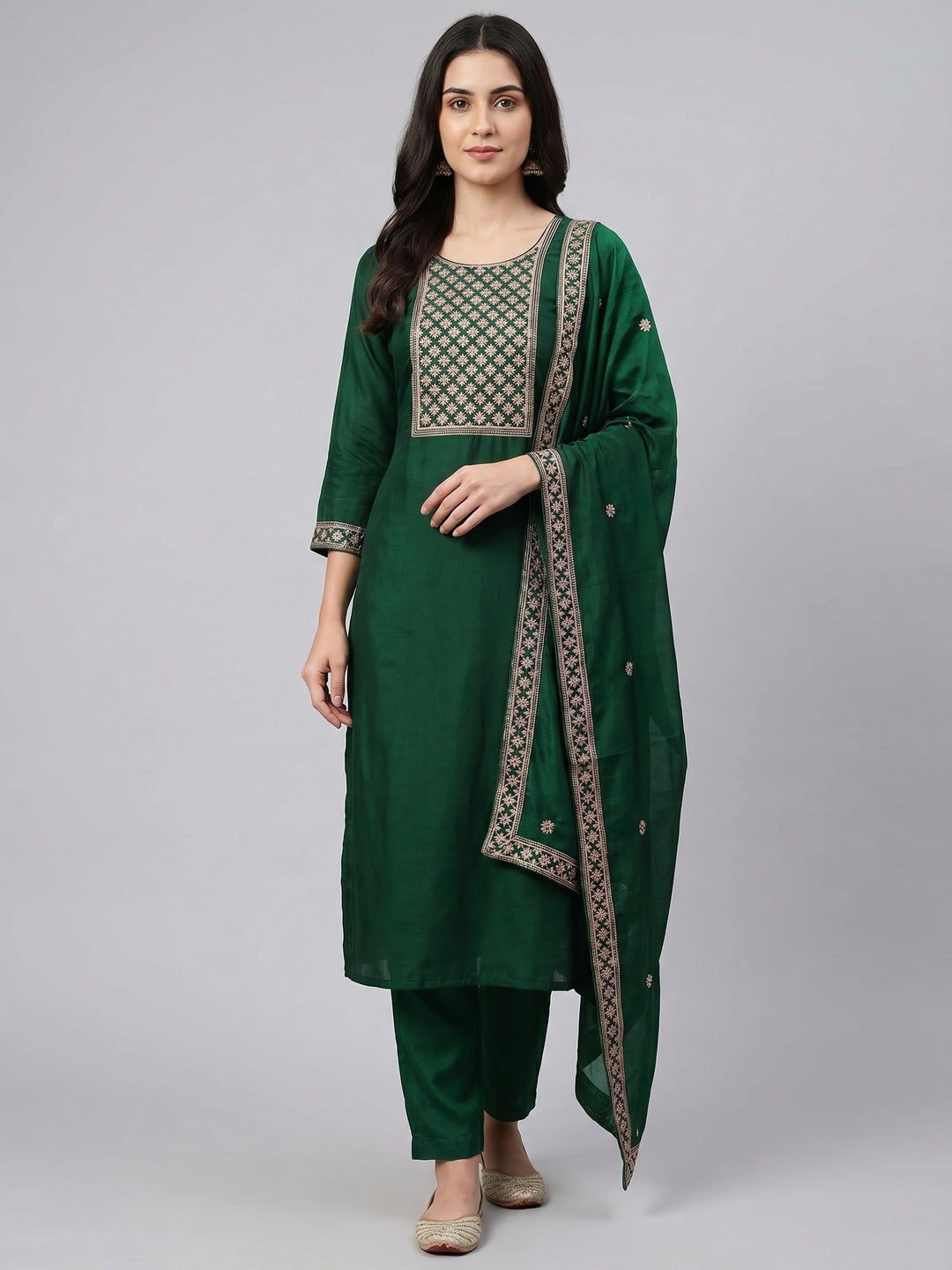 Bottle Green Embroidered Modal Dress Material - Image 1