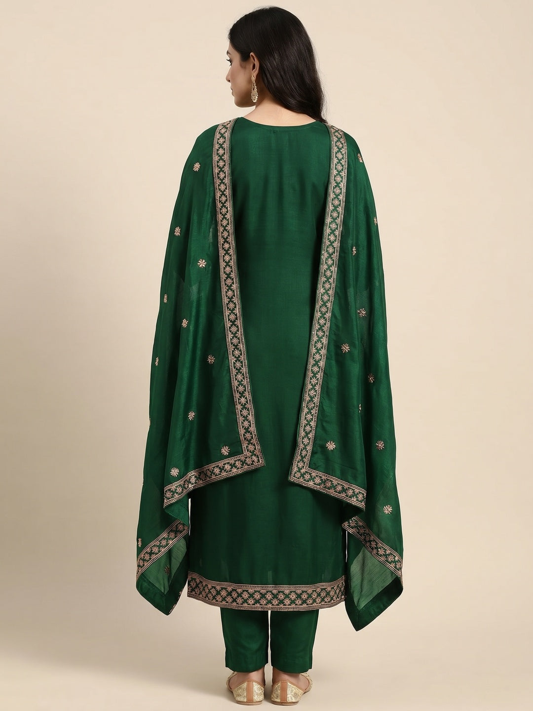 Bottle Green Embroidered Modal Dress Material - Image 2