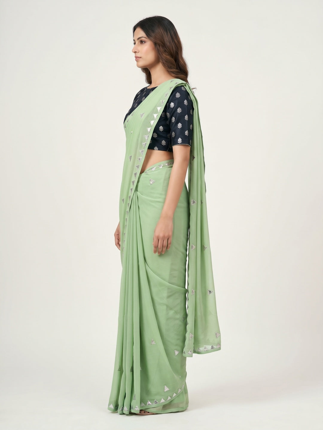 Green Embellished Work Georgette Saree - Image 2