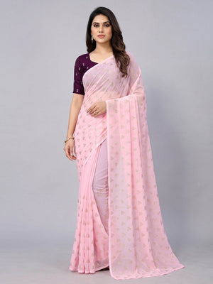 Pink Embellished Work Georgette Saree - Image 1