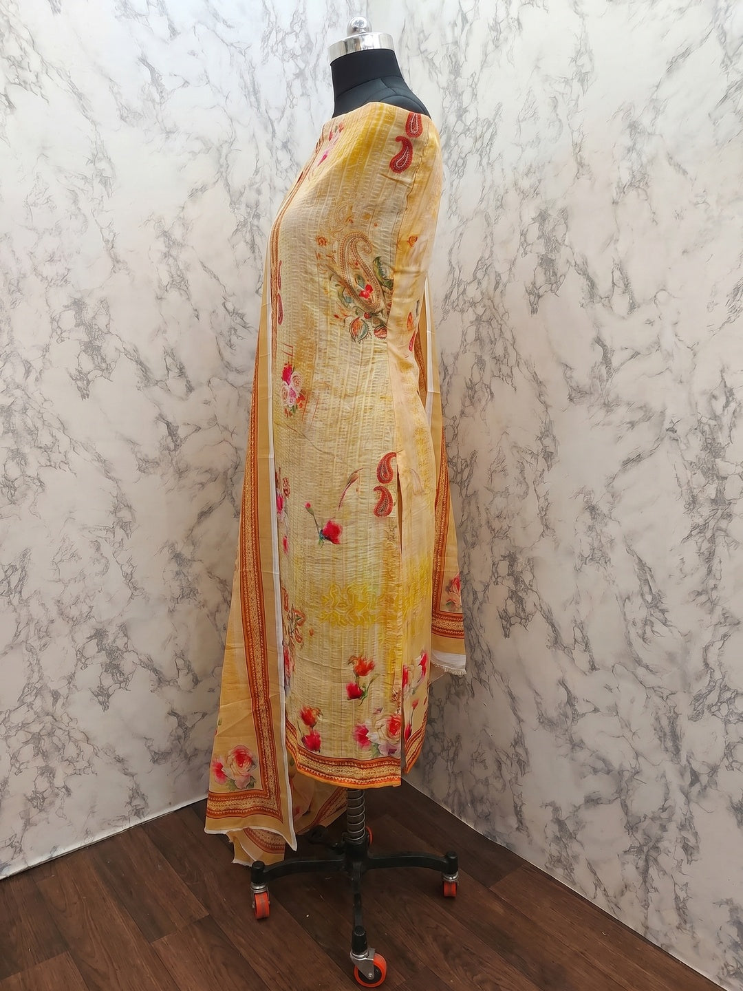Yellow Floral Digital Printed Muslin Dress Material - Image 3