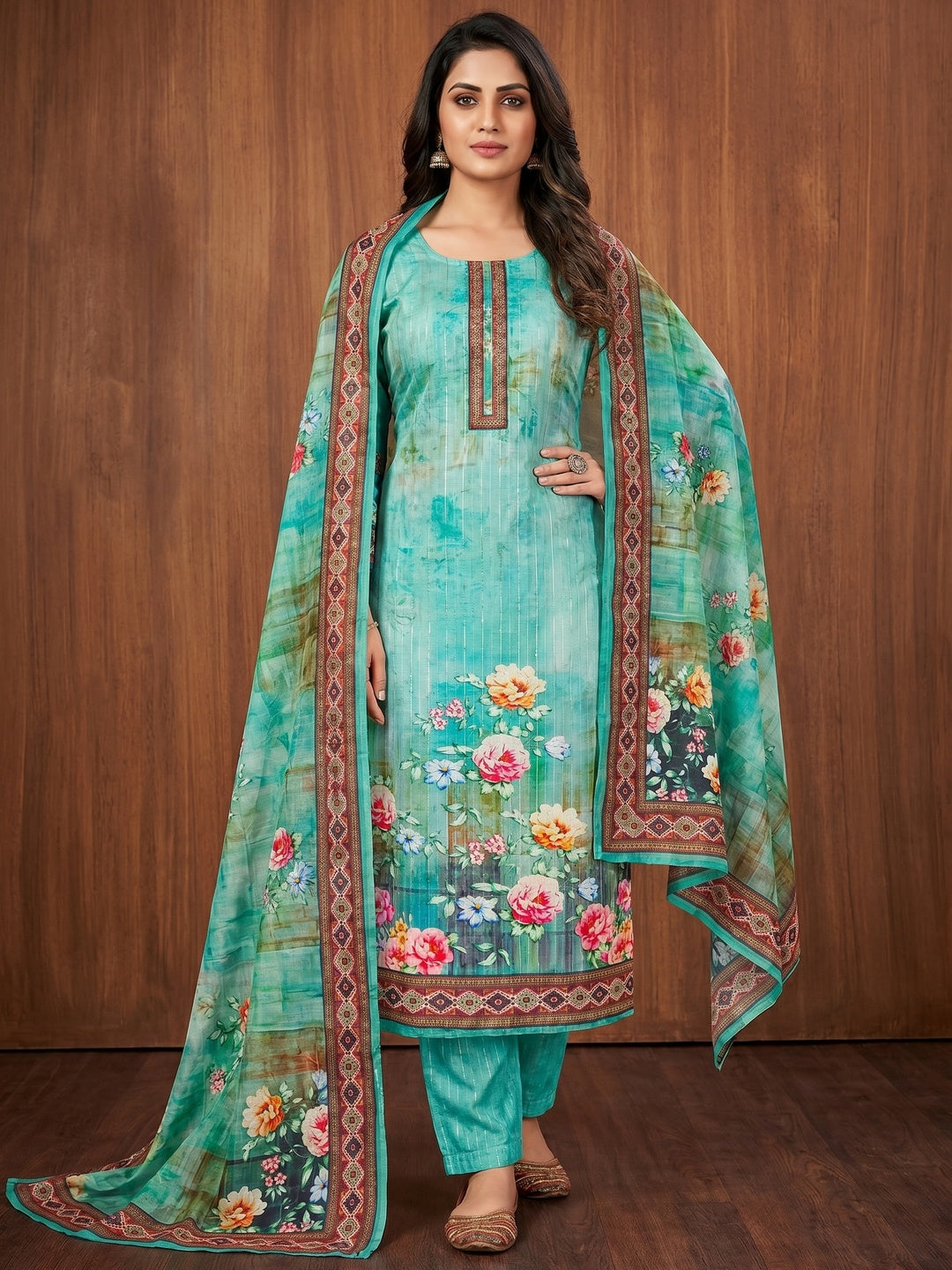Rama Blue Floral Digital Printed Muslin Dress Material - Image 2