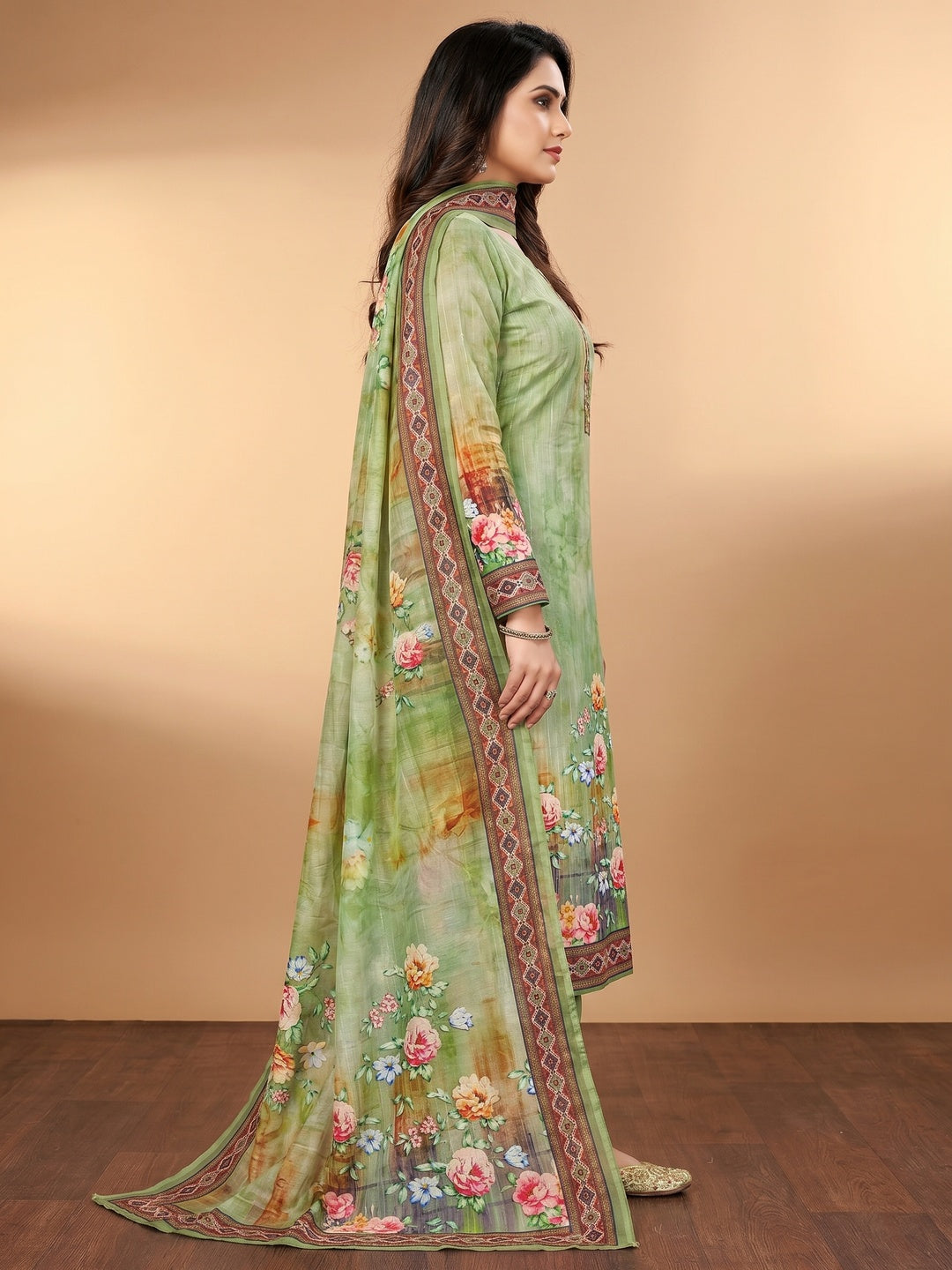 Green Floral Digital Printed Muslin Dress Material - Image 3