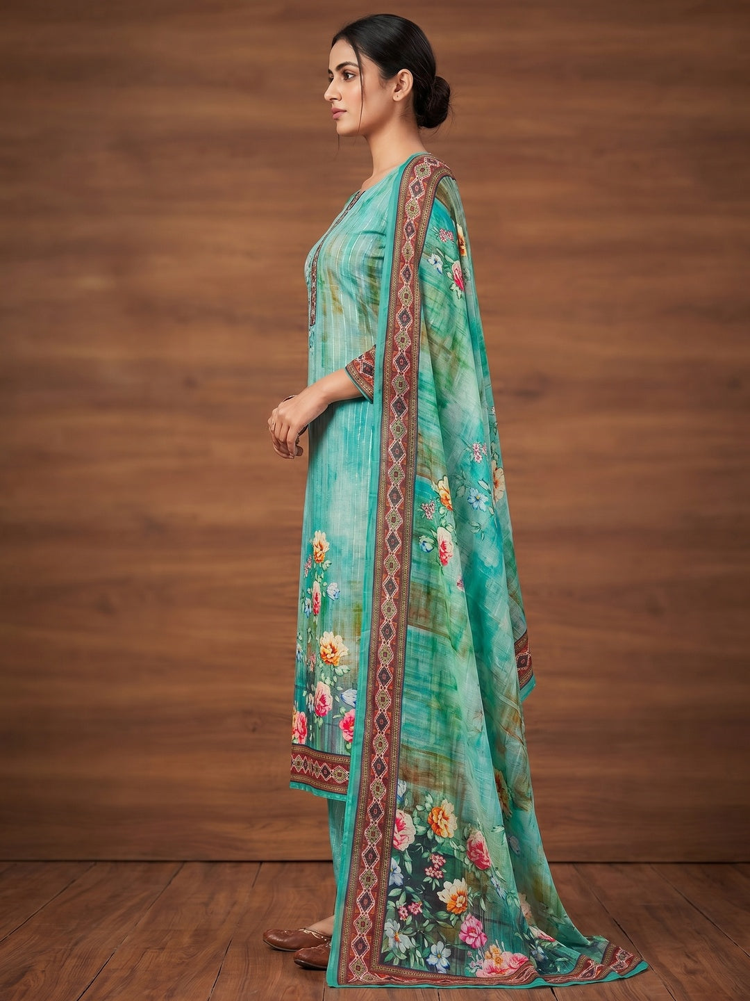 Rama Blue Floral Digital Printed Muslin Dress Material - Image 3