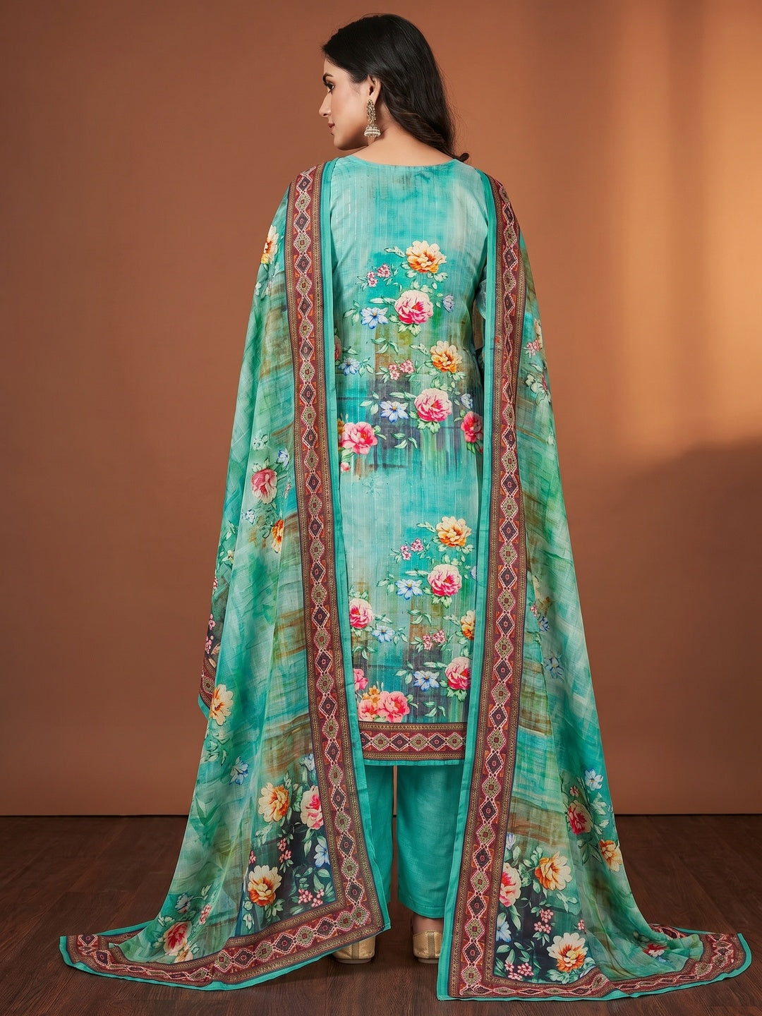 Rama Blue Floral Digital Printed Muslin Dress Material - Image 1
