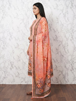 Peach Floral Digital Printed Muslin Dress Material - Image 1