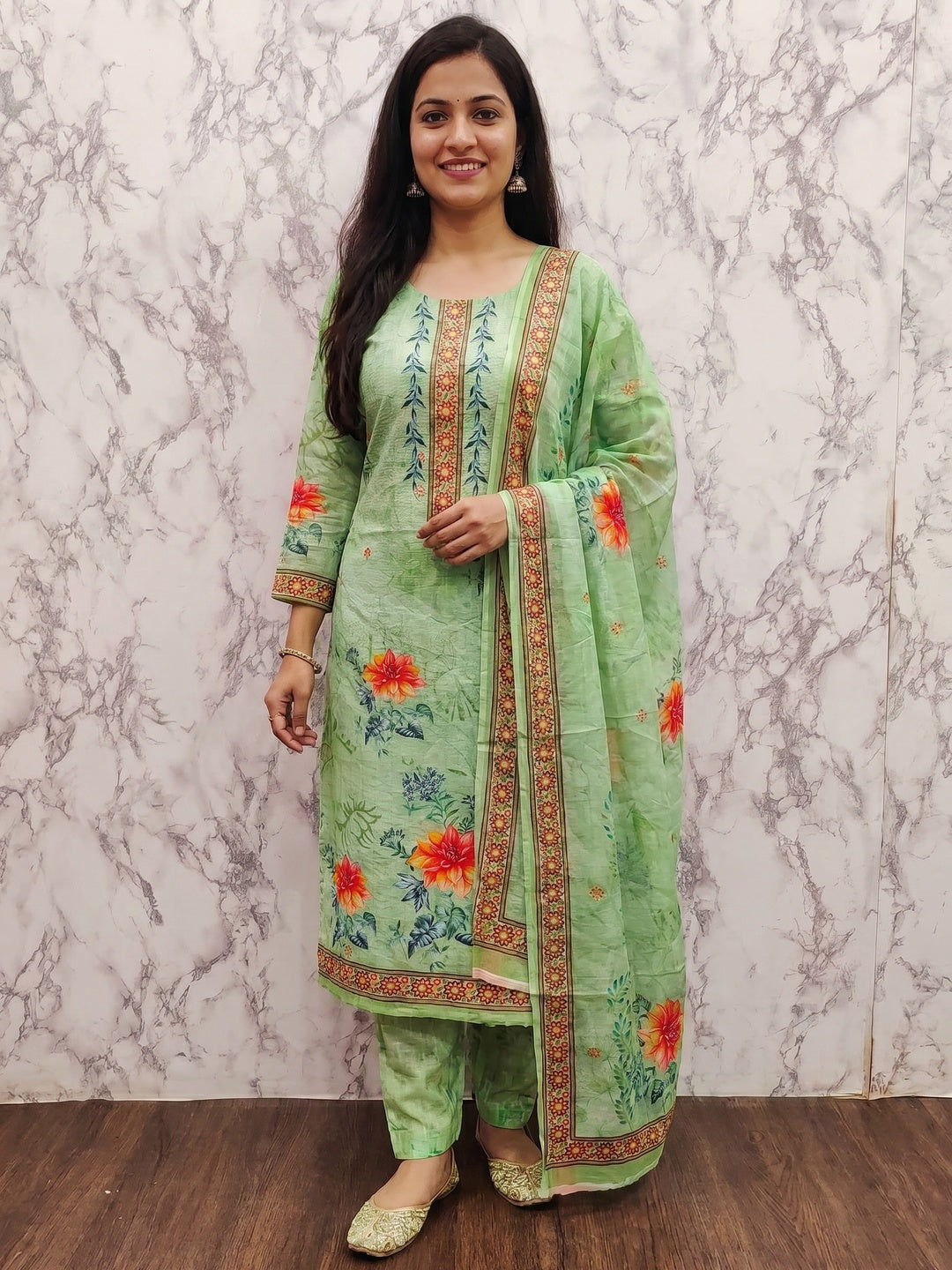 Green Floral Digital Printed Muslin Dress Material - Image 2