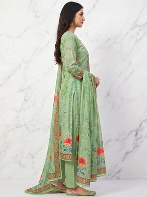 Green Floral Digital Printed Muslin Dress Material - Image 1