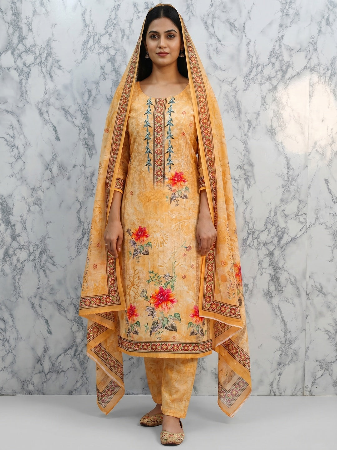 Yellow Floral Digital Printed Muslin Dress Material - Image 1
