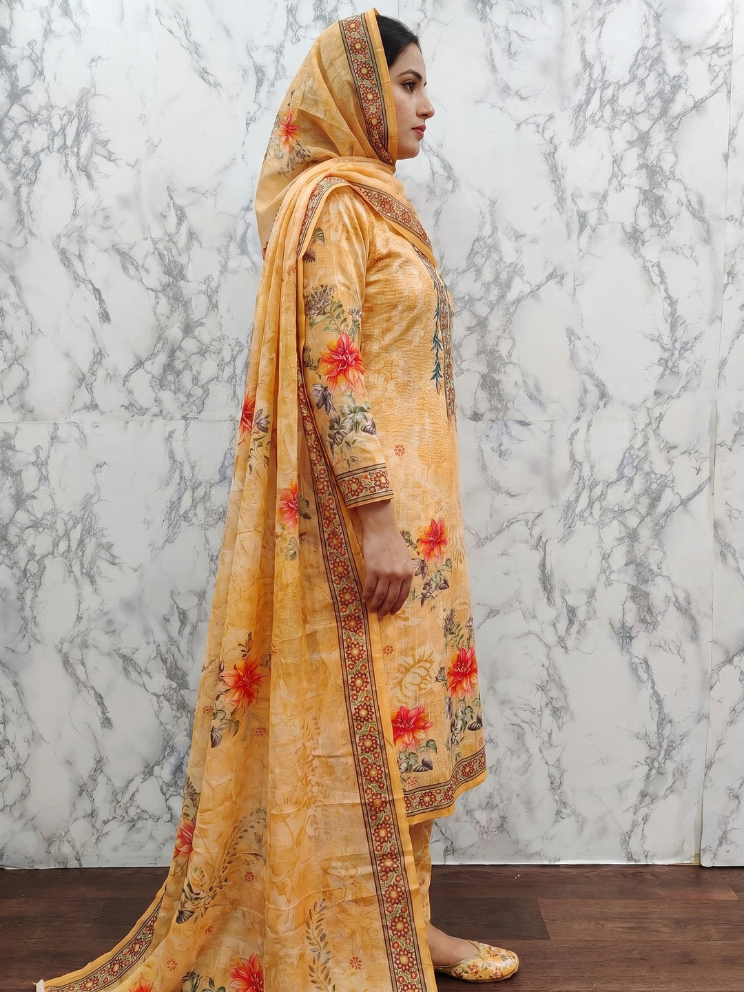 Yellow Floral Digital Printed Muslin Dress Material - Image 3