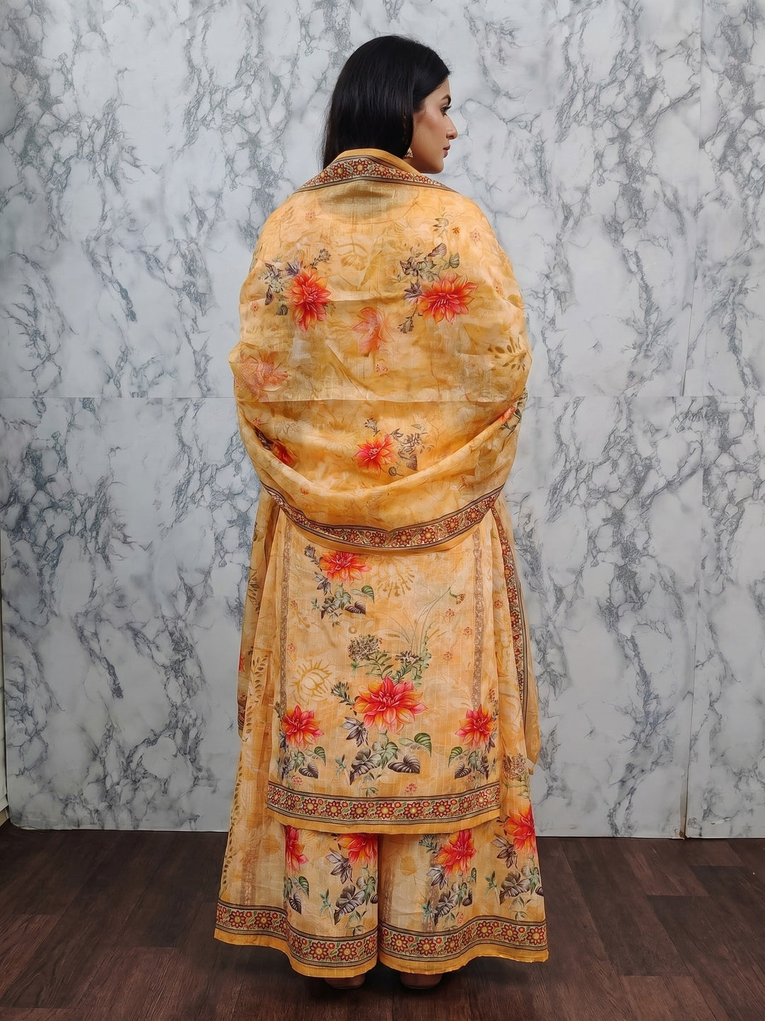 Yellow Floral Digital Printed Muslin Dress Material - Image 2