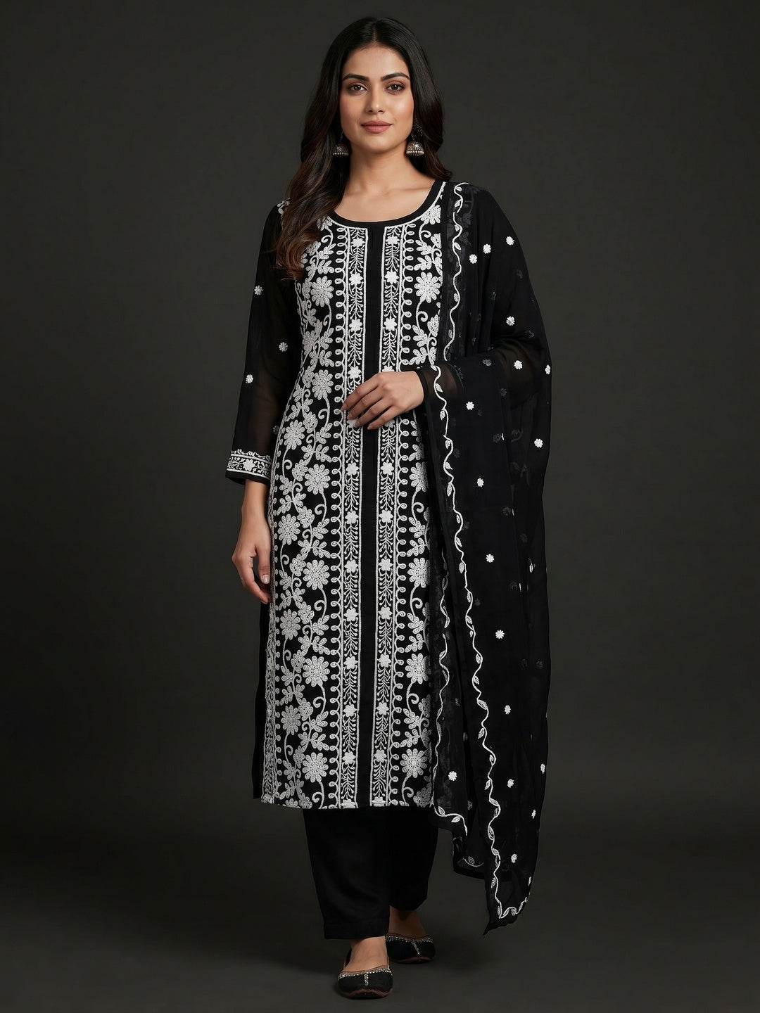 Black Floral Embroidered Georgette Dress Material - Image 1