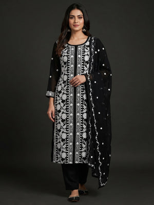 Black Floral Embroidered Georgette Dress Material - Image 1