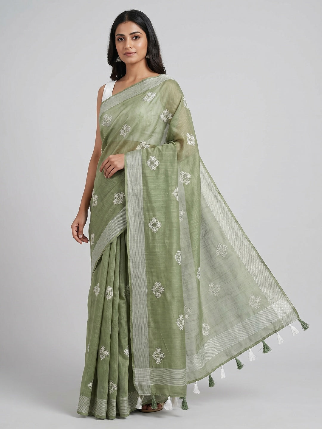 Olive Green Floral Embroidered Raw Silk Saree - Image 1