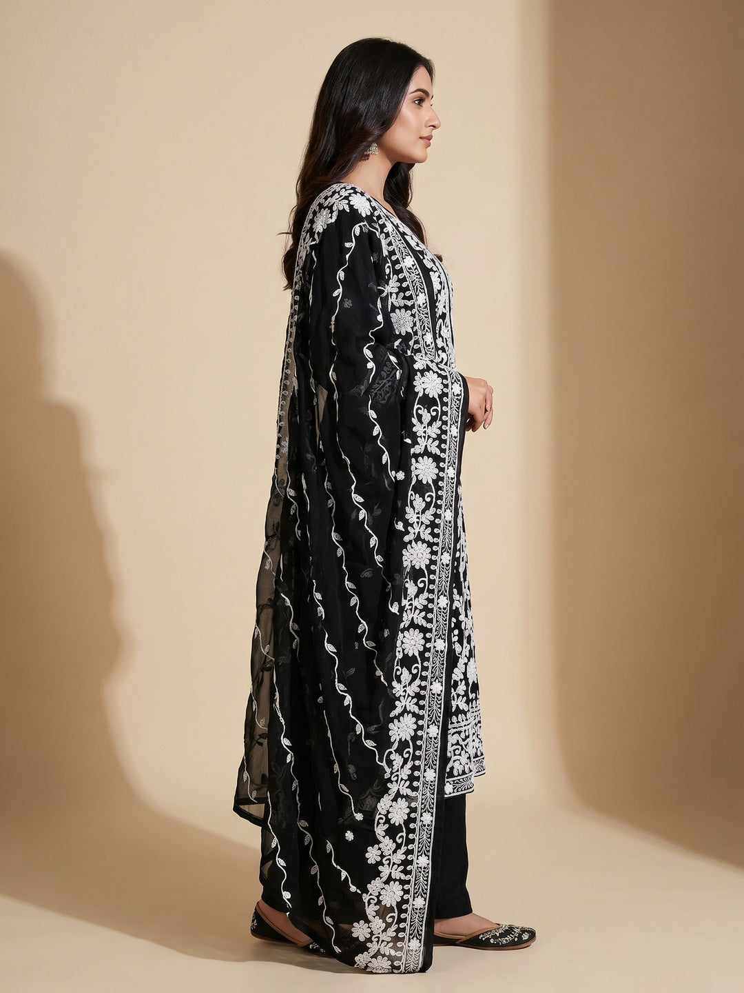 Black Floral Embroidered Georgette Dress Material - Image 3