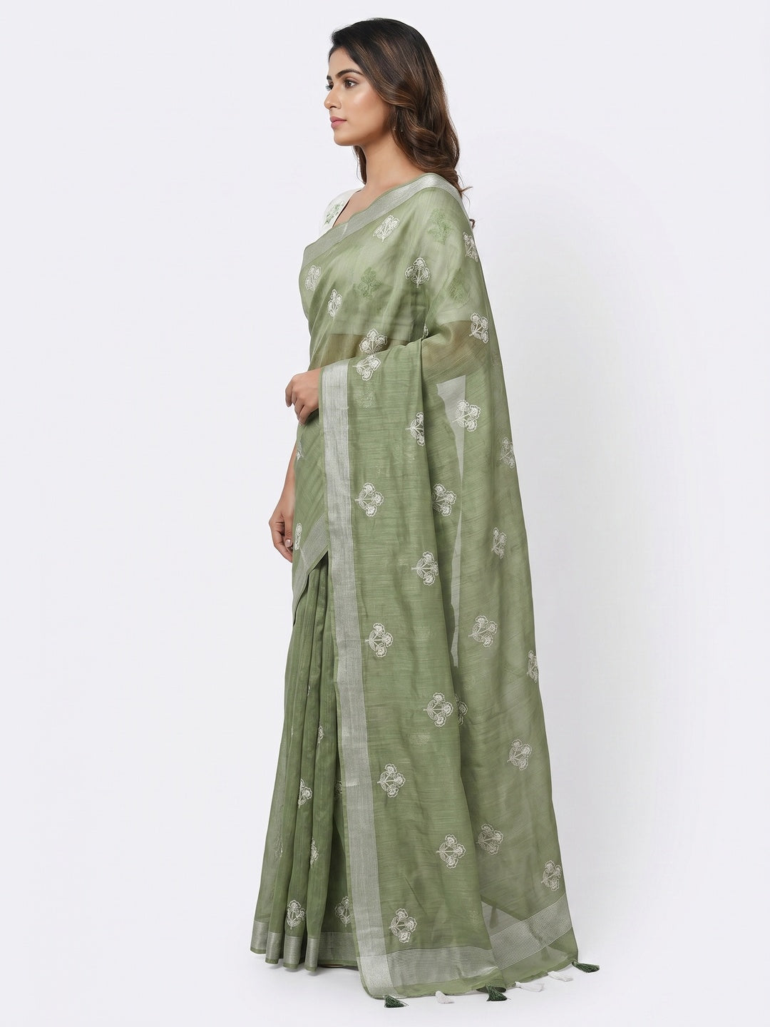 Olive Green Floral Embroidered Raw Silk Saree - Image 3