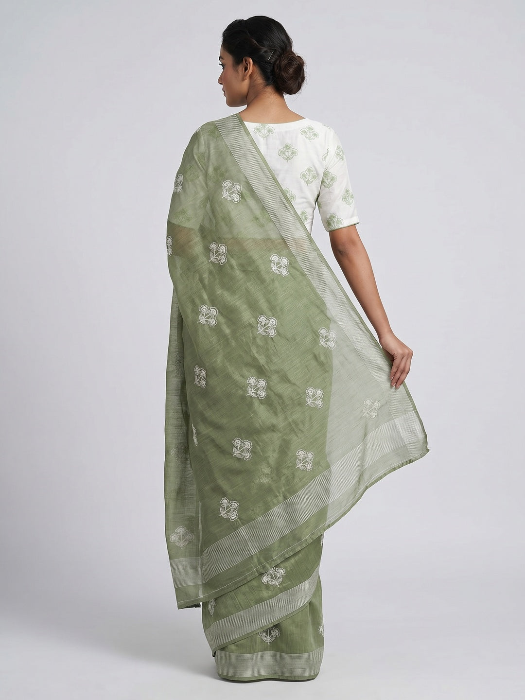 Olive Green Floral Embroidered Raw Silk Saree - Image 2