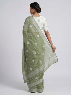 Olive Green Floral Embroidered Raw Silk Saree - Image 2