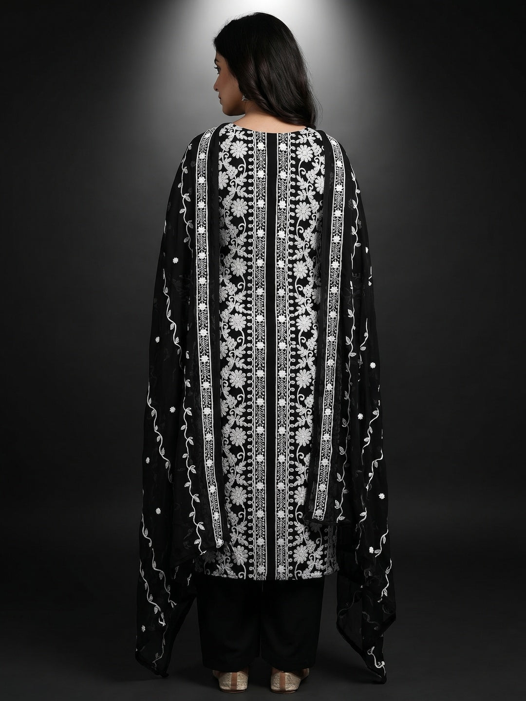 Black Floral Embroidered Georgette Dress Material - Image 2