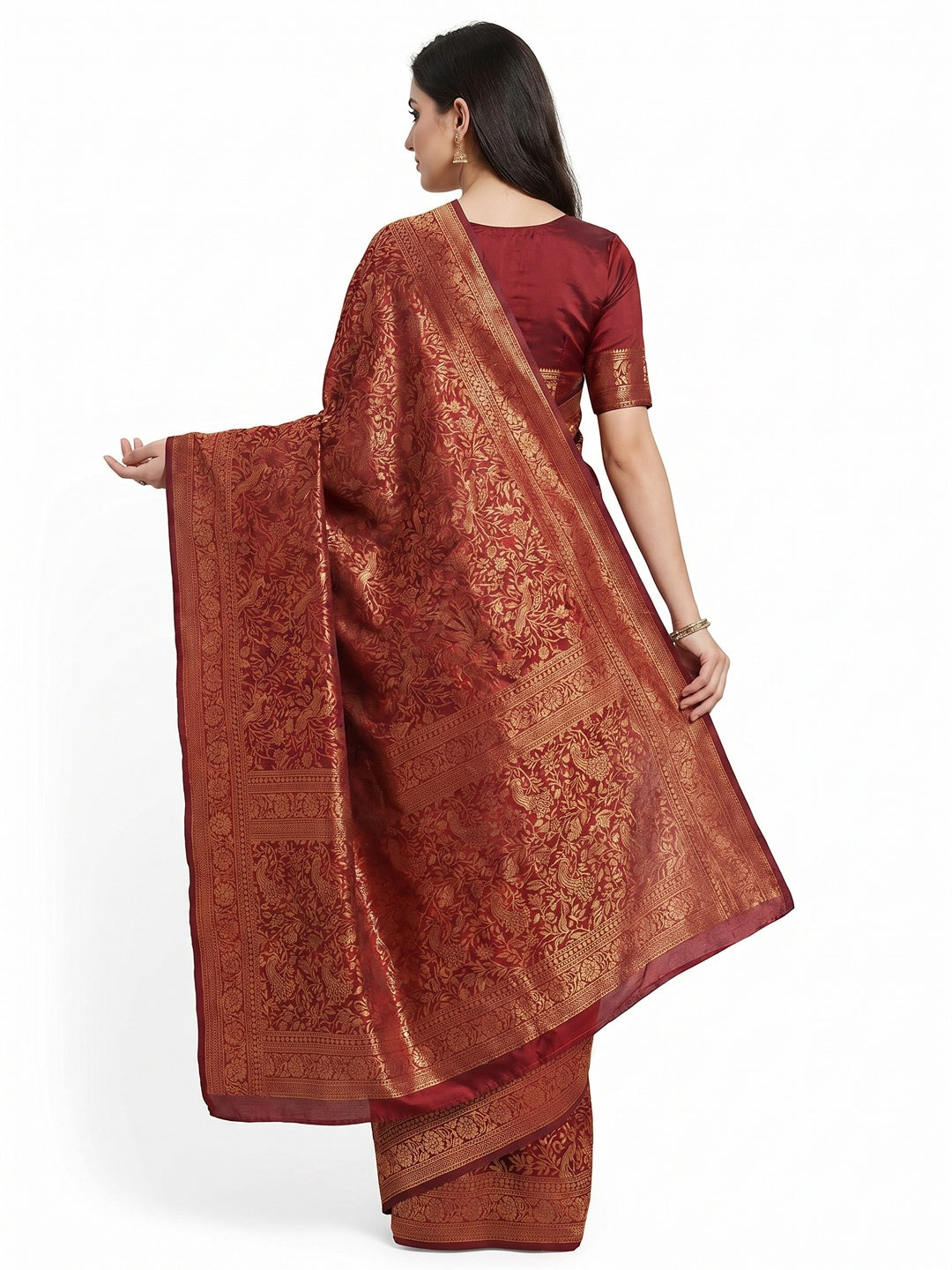 Maroon Woven Art Silk Saree With Tassels - Image 2