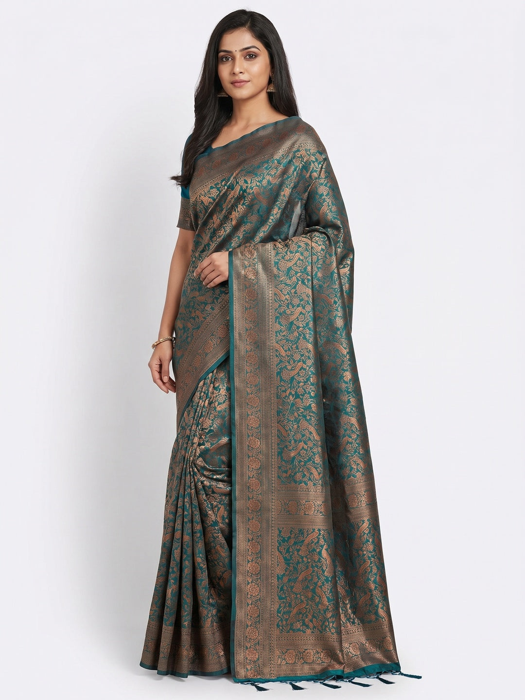 Morpich Woven Art Silk Saree With Tassels - Image 1