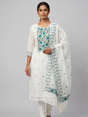 White Floral Sequins Embroidered Kota Doria Dress Material - Image 1