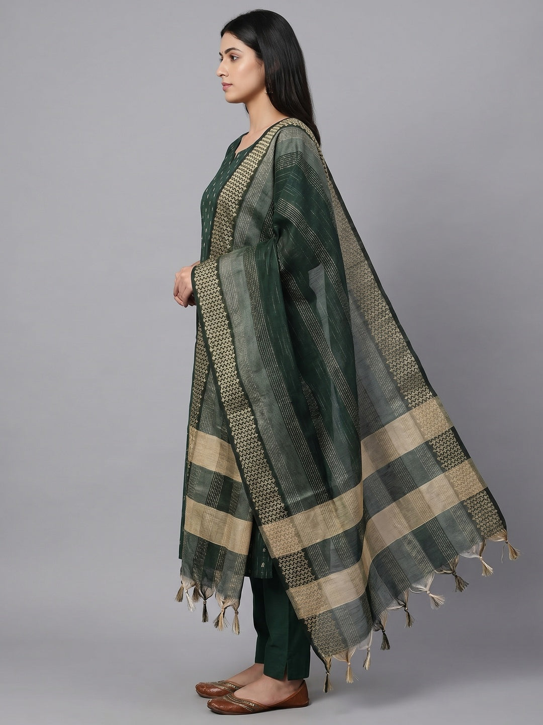Bottle Green Woven Cotton Blend Dress Material - Image 2