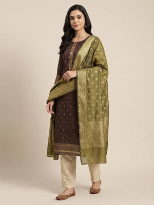 Brown Woven Cotton Blend Dress Material - Image 1
