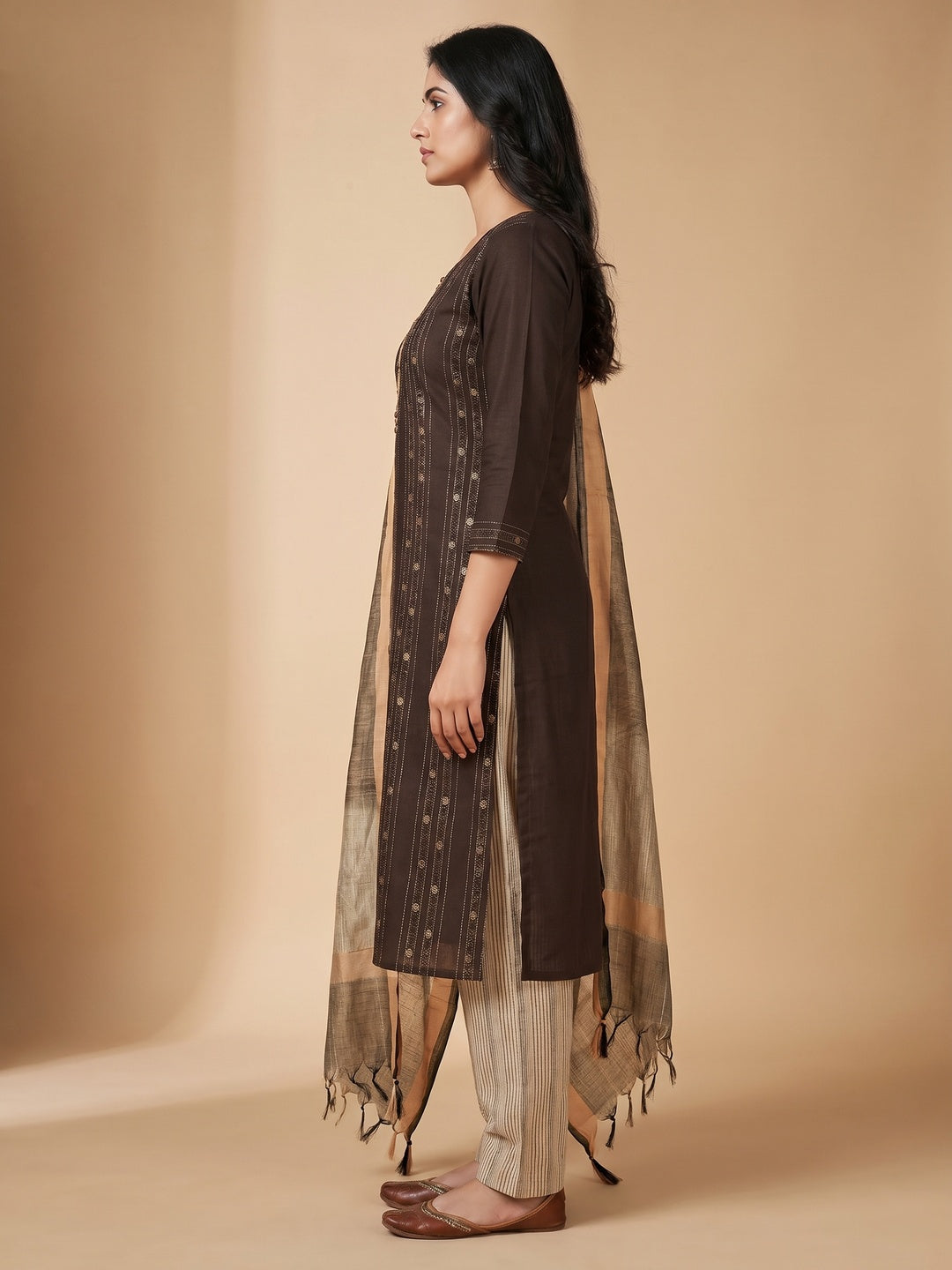 Brown Woven Cotton Blend Dress Material - Image 2