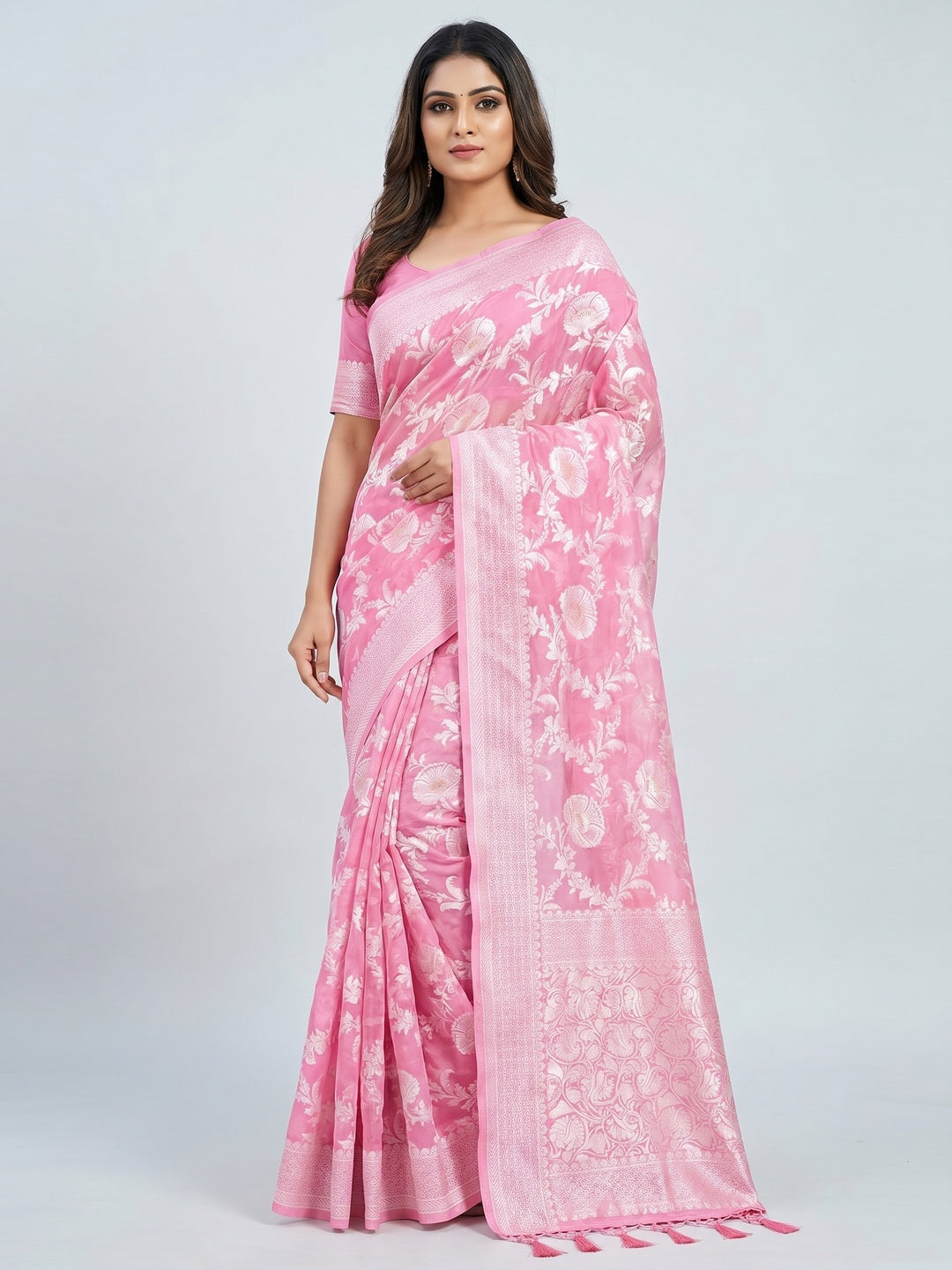 Pink Woven Cotton Blend Saree With Tassels - Image 1