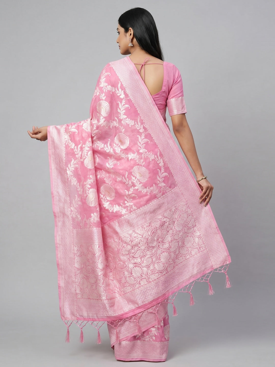 Pink Woven Cotton Blend Saree With Tassels - Image 2