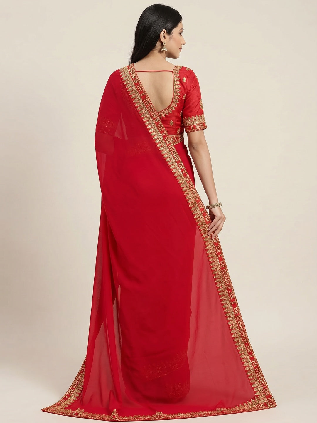 Red Embroidered Border Georgette Saree - Image 3