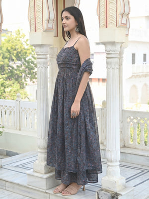 Sajawat Grey Georgette Floral Printed Sleeveless Gown with Stole - Image 1