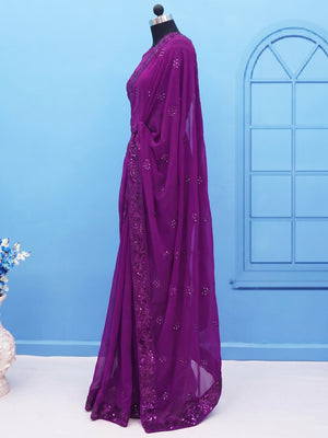 Purple Sequins Embroidered Georgette Saree - Image 1